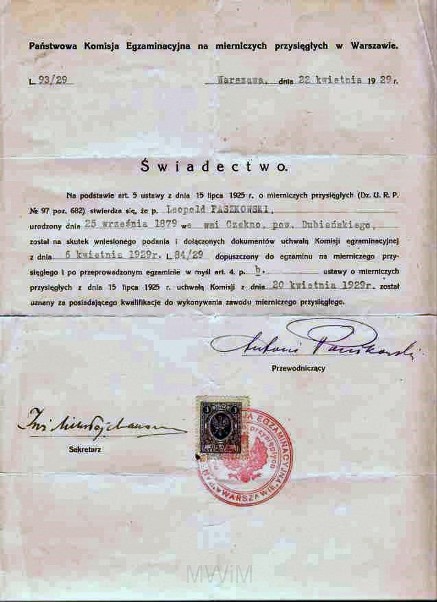 KKE 5945.jpg - Dok. Świadectwo z egzaminu na mierniczego przysiegłego Leopolda Kelofasa Paszkowskiego, Warszawa, 22 IV 1929 r.